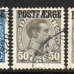 1922 Danimarca “Pacchi Postali”: effigie di Cristiano X soprastampati “POSTFAERGE” (N°5/10+8a)