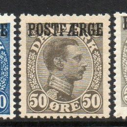 1922 Danimarca “Pacchi Postali”: effigie di Cristiano X soprastampati “POSTFAERGE” (N°5/10+8a)