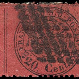 1868 Pontificio 20c. rosso bruno con “diversità del punto dopo la cifra” (N°27g)
