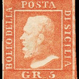 1859 Sicilia 5 gr. vermiglio chiaro, Ia tavola (N°10)