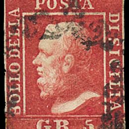 1859 Sicilia 5 gr. rosa carminio Ia tavola (N°9)