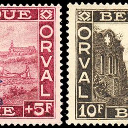 1929 Belgio: Abbazia di Orval soprastampati con “£ incoronata” (N°272A/K) s. cpl.