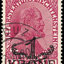 1912 Liechtenstein: Principe Giovanni II 10h. vinaceo soprastampato "1 Krone" (N°12b)
