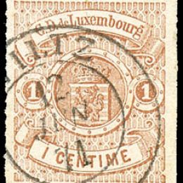 1865 Lussemburgo: stemma 1c. bruno chiaro perforato a trattini (N°12)