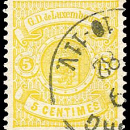 1880 Lussemburgo: stemma 5c. giallo limone tiratura di Haarlem (N°41)