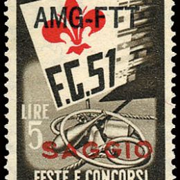 1951 Trieste "A": Ginnici L.5 (N°116) soprastampato "SAGGIO" in rosso.