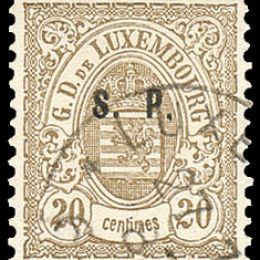 1881 Lussemburgo: Servizi - stemma 20c. bistro oliva con soprastampa “S.P.” del tipo “C” (N°41)