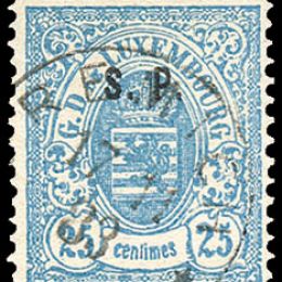 1881 Lussemburgo: Servizi - stemma 25c. azzurro con soprastampa “S.P.” del tipo “C” (N°42)