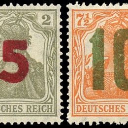 1941 Occup. Ted. Polonia: francobolli di Germania tipo “Allegoria” soprastampati 5g. su 2p. grigio + 10g. su 7½ p. arancio (N°61/62) s. cpl.