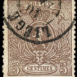 1866 Belgio: 5c. bruno grigio dent. 14½ x 14 (N°25a)