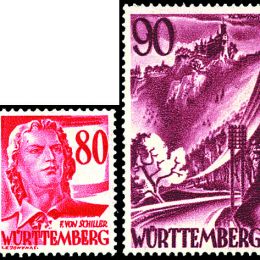 1948 Württemberg: personalità e vedute, senza indicazione della moneta (N°28/37) s. cpl.