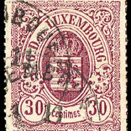 1865 Lussemburgo: stemma 30c. lilla perforato a trattini colorati (N°21)