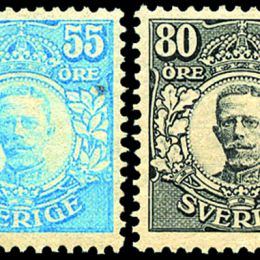 1917 Svezia:  Effigie di Re Gustavo V, cosiddetta “emissione di Värnamo” 55ö azzurro verde + 80ö nero (N°101+103)