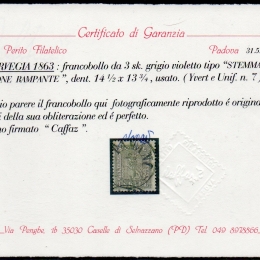 1863 Norvegia: stemma con leone rampante 3sk. grigio violetto (N°7)